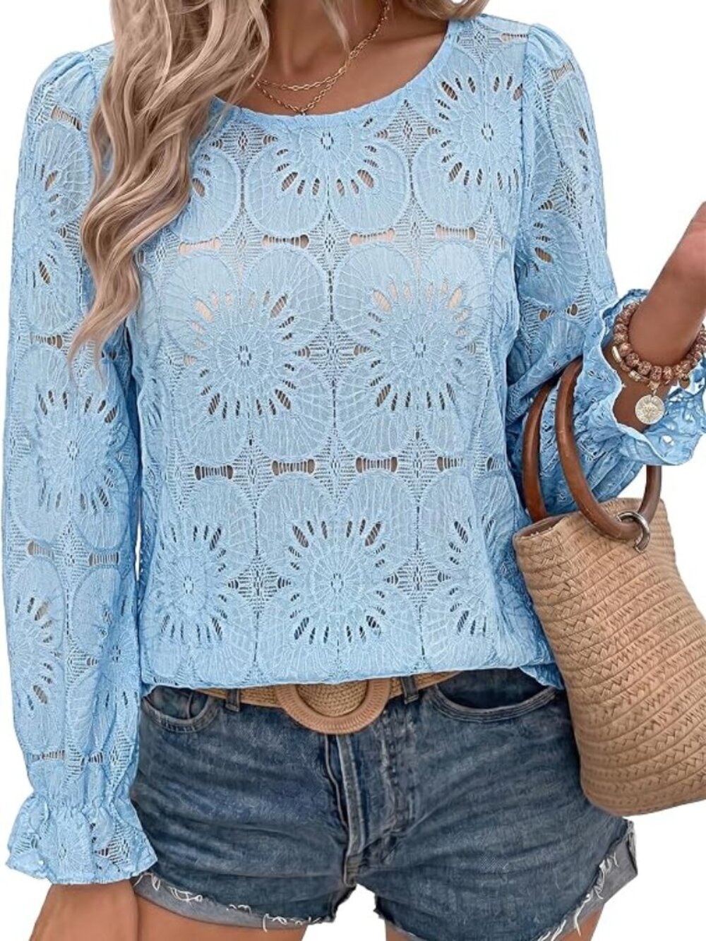 Women's Crochet Lace Top Round Neck Long Sleeve Blouse - NWOT - M